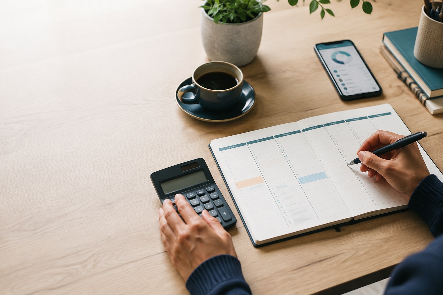 A person creating a weekly budget with a planner and calculator