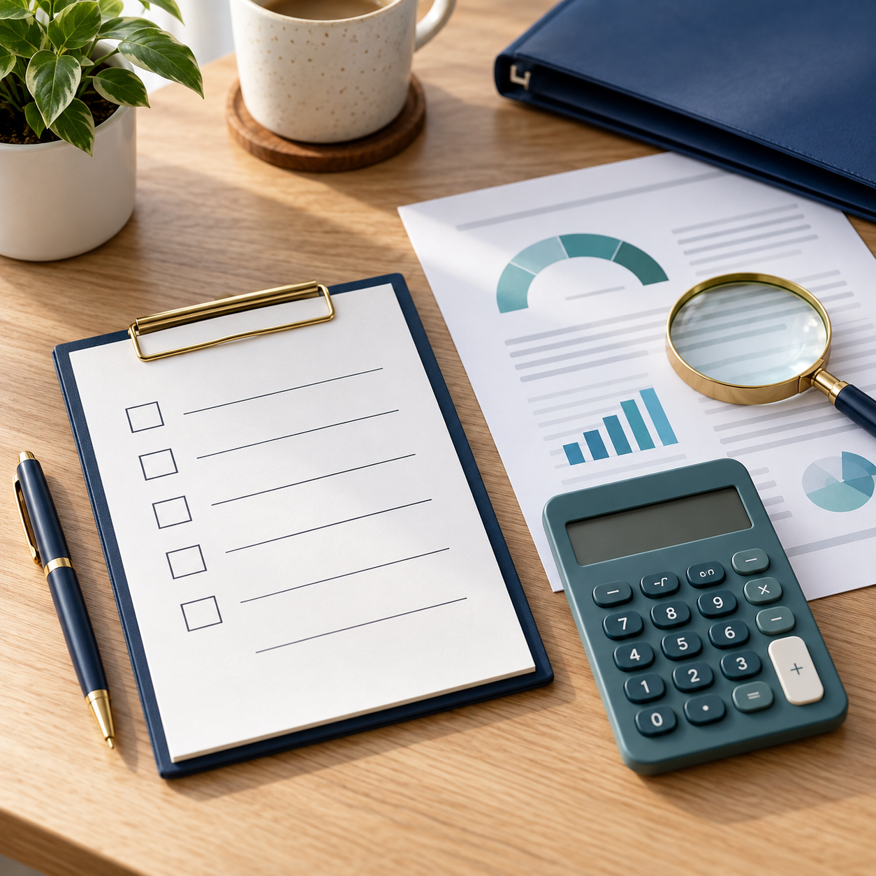 Checklist and magnifying glass for reviewing credit report information