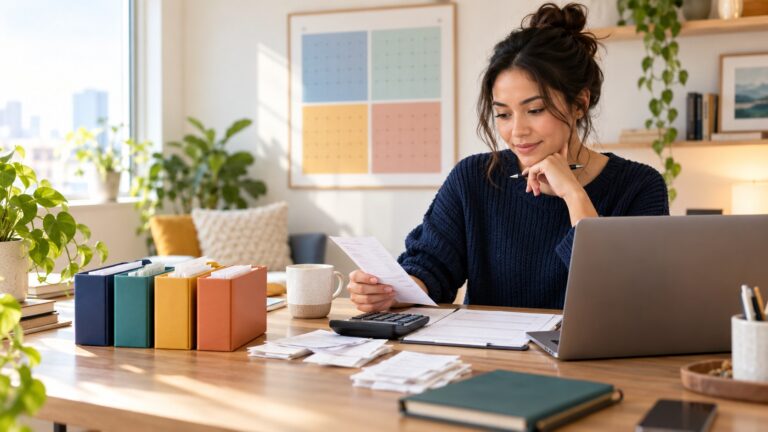 First-time freelancer organizing a quarterly tax checklist at a home-office desk